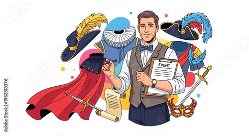 Man in Vest Holding Clipboard Surrounded by Historical Costumes.