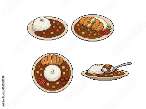 pixel art of hearty japanese curry rice served with katsu cutlet, carrots, potatoes, and red pickles on a white plate.