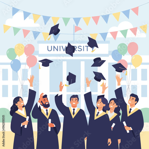 Graduates celebrate their success by throwing caps in the air