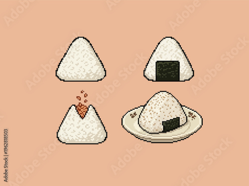 pixel art of classic japanese onigiri rice balls showing plain salted version, wrapped in seaweed, and filled with grilled salmon.
