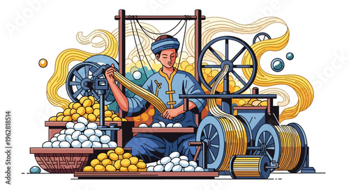 Man operating traditional silk reeling machine with cocoons.