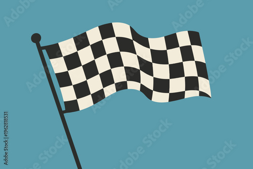 Checkered racing flag waving on pole, stylized vector illustration of motorsport victory and achievement.