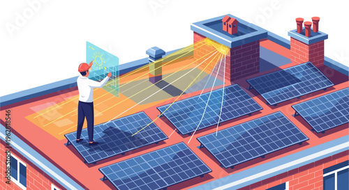 Man installing solar panels on rooftop for renewable energy.