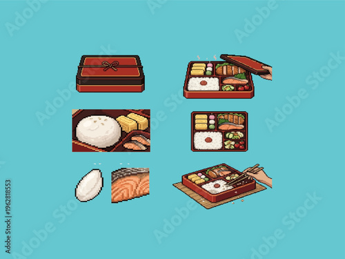 pixel art of authentic japanese bento box containing white rice, grilled salmon, tamagoyaki omelet, tonkatsu, and various assorted side dishes.