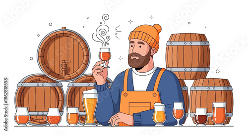 Man holding glass of beer surrounded by barrels.