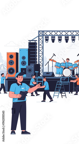 Man holding clipboard at outdoor concert stage setup.