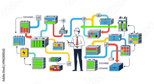 Man Overseeing Complex Industrial System with Flowcharts.
