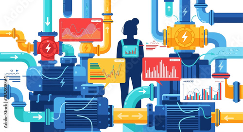Man Overseeing Complex Industrial Pumping System with Data Displays.