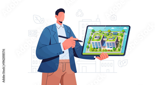 Man holding tablet displaying eco-friendly house design.
