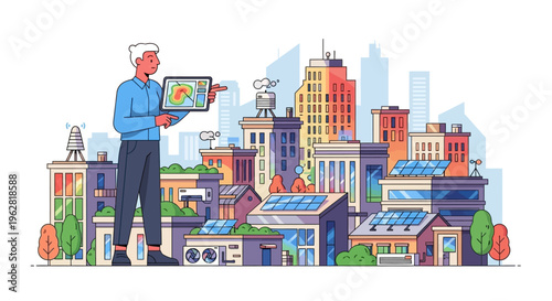 Man holding tablet in front of modern city buildings.