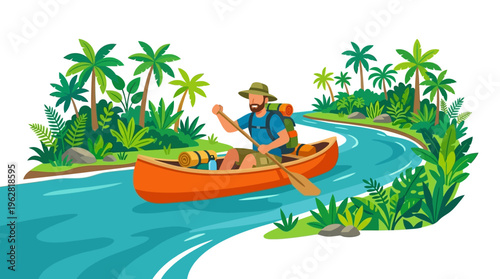 Man paddling canoe through jungle river adventure.