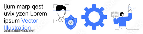 Cybersecurity, user authentication, technical systems, data protection, educational tools, process automation. Profile face with shield, gear and figure holding book. Cybersecurity and user