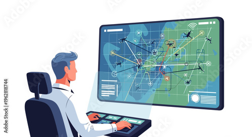 Man in control room observing complex data on large screen.
