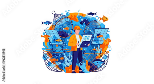 Man in orange jacket analyzing global fishing data on screens.