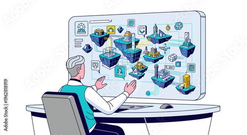 Man Interacting with Futuristic Digital Interface Displaying Virtual Islands.