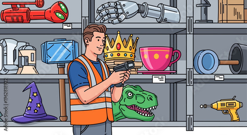 Man in reflective vest holding a scanner in a storage facility.