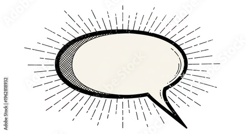 A white speech bubble with a black background and sunburst design on transparent background