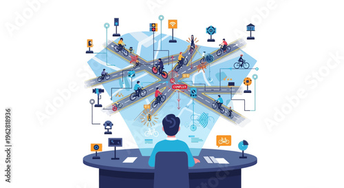 Man in control room managing global network connections.