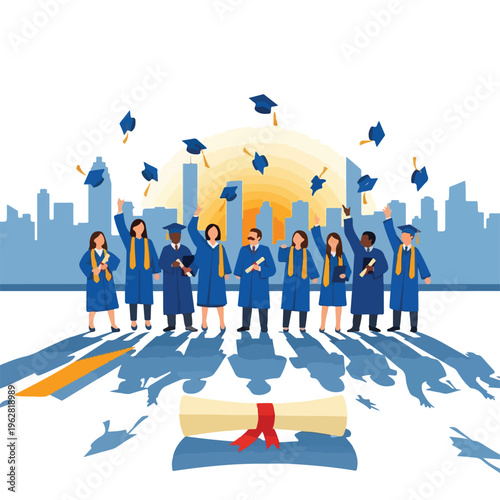 Group of graduates celebrating after graduation, tossing caps