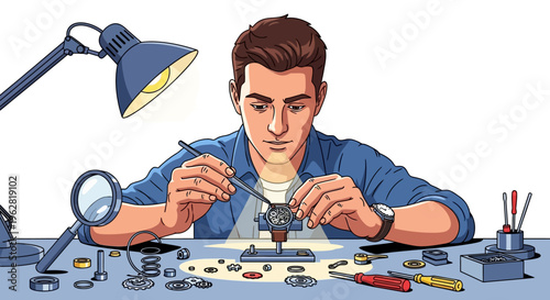 Man meticulously assembling intricate electronic device with tools.