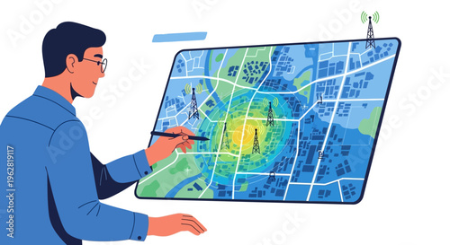 Man Interacting with Futuristic Digital Map Interface.