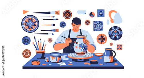 Man meticulously painting a ceramic vase with intricate blue designs.