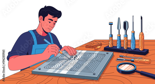 Man meticulously working on intricate circuit board with tools.