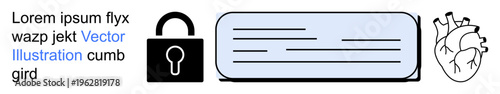 Cybersecurity, healthcare, data communication, medical research, academic content, literacy. Padlock symbol, anatomical heart and a text block. Cybersecurity and healthcare