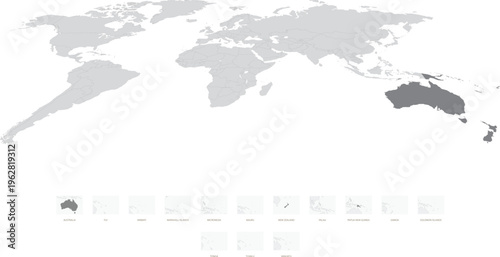 Australia states and Oceania regions map collection, administrative divisions vector set with world map highlight