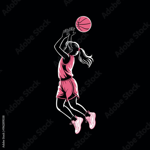 Female Basketball Player Jump Shot Neon Splash Vector Illustration
