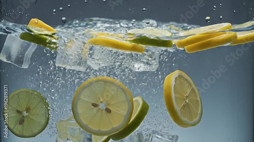 Citrus fruit slices and ice cubes splashing into clear water with bubbles