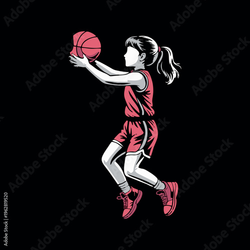 Female Basketball Player Jump Shot Neon Splash Vector Illustration