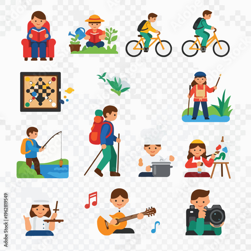Colorful vector illustrations of various activities and hobbies