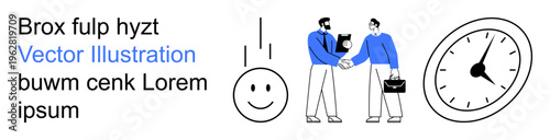 Business partnership, teamwork, time tracking, positivity, communication, corporate success. Two professionals shaking hands, a happy face and a clock illustration. Business partnership and teamwork