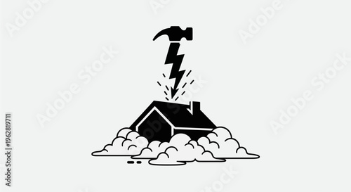Hammer Merged with Lightning Bolt Striking House on Clouds Silhouette, Emergency Storm Damage Repair Concept, Rapid Roofing Service and Disaster Recovery Illustration
