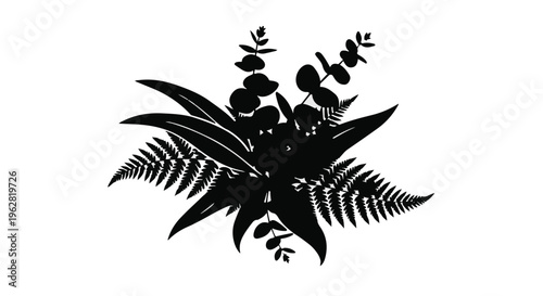 Bouquet of lush tropical ferns and eucalyptus branches creates a sophisticated organic arrangement that celebrates natural beauty and environmental harmony in a modern minimalist aesthetic.