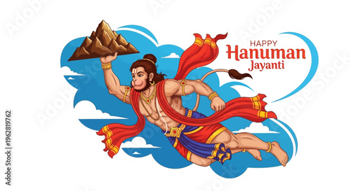 Illustration of Lord Hanuman in mid-air, holding a mountain, with a red cape flowing behind him, against a blue cloudy background with 'Happy Hanuman Jayanti' text, conveying a festive and