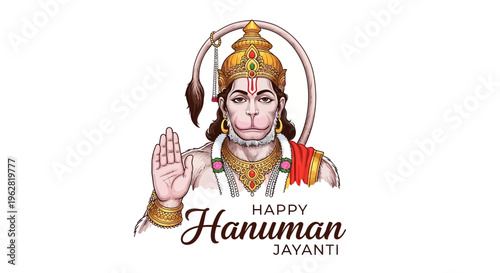 Illustration of Lord Hanuman with a raised hand, wearing traditional attire and ornaments, celebrating Happy Hanuman Jayanti against a clean background with vibrant colors.