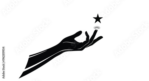 Hand reaches out towards a single floating star in a conceptual illustration that represents dreams, aspirations, guidance, and the magical pursuit of reaching for one's highest potential.
