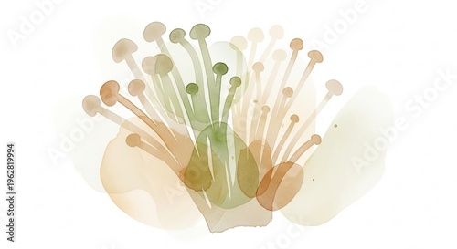 Delicate Watercolor Illustration of Enoki Mushrooms with Soft Pale Colors