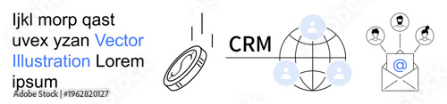 Customer relationship management, networking, email marketing, business communication, global connections, teamwork. CRM globe and network with email icon. Customer relationship management