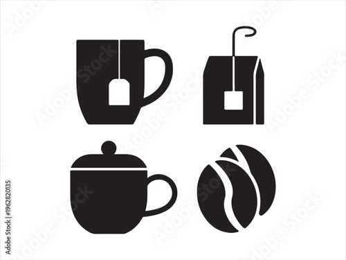 Coffee and tea silhouette icon set cup mug beans teabag drink vector isolated on white background