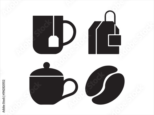 Coffee and tea silhouette icon set cup mug beans teabag drink vector isolated on white background