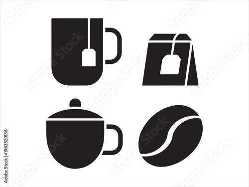Coffee and tea silhouette icon set cup mug beans teabag drink vector isolated on white background