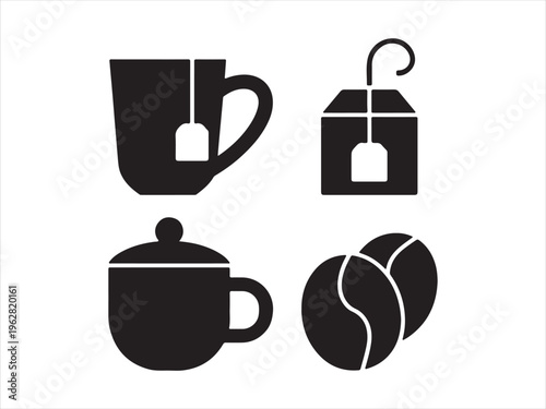 Coffee and tea silhouette icon set cup mug beans teabag drink vector isolated on white background