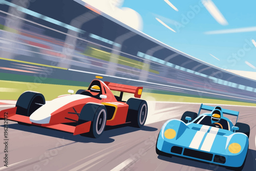 Two race cars side by side on track with blurred grandstands, stylized vector illustration of motorsport competition and speed.