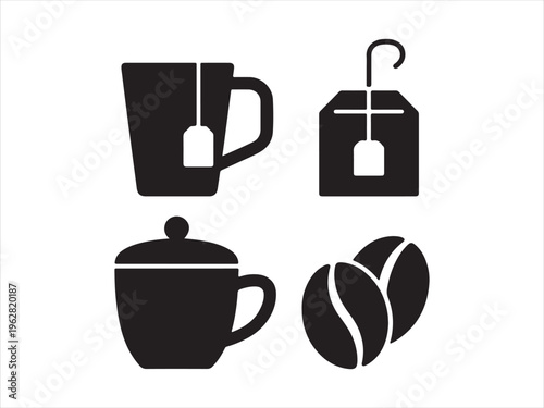 Coffee and tea silhouette icon set cup mug beans teabag drink vector isolated on white background