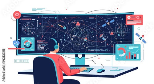 Man working on a large computer screen with data visualization.