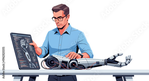 Man Working on Advanced Robotic Arm Technology.