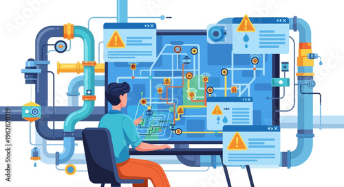 Man Working on Complex Industrial Control System Dashboard.